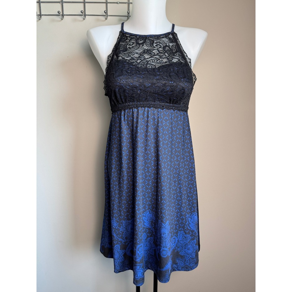 la Vie en Rose Womens Blue Paisley Lace Halter Chemise Nightgown S Romantic Boho